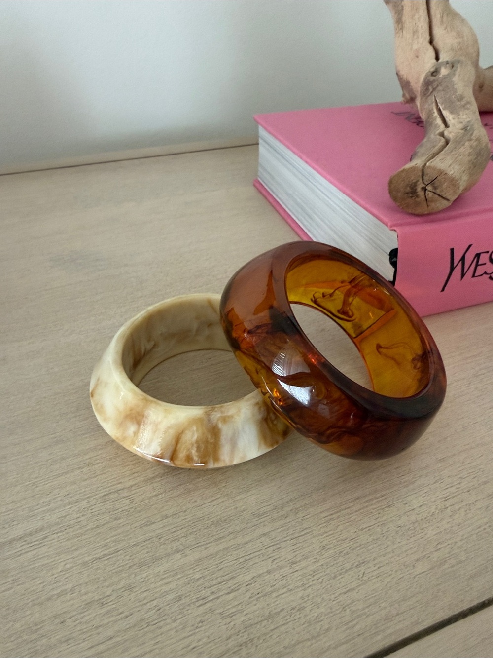 Set of Two Resin Bangle Bracelets - Amber and Marbled Cream